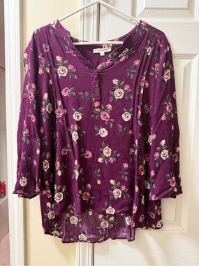 Women's Purple Floral Button-Front Peasant Blouse